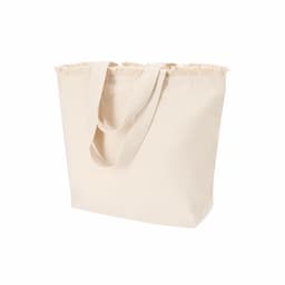 A cream tote bag with a frayed top edge and sturdy handles. It features a logo on the front.