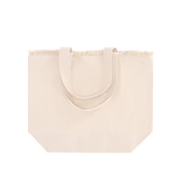 A beige tote bag with short handles, featuring a fringed edge and a simple, minimalist design.