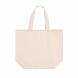 A beige tote bag with frayed edges and two handles. It features a logo on one side.