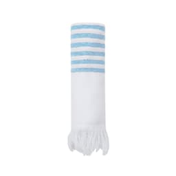A rolled-up towel featuring a white body with blue striped detail and fringed edges. It has a logo.
