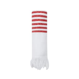 A white towel with red stripes at the top and fringed edges, featuring a branding logo.