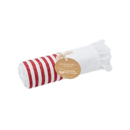 A rolled towel featuring white fabric with red stripes, tied with a natural fibre string and a tag.