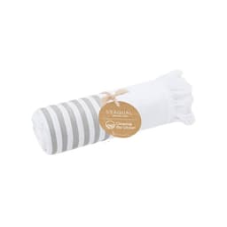 A rolled towel in white with grey stripes, featuring a decorative tag and tasselled ends.