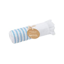 A rolled towel featuring white and blue stripes, with a tag indicating a sustainability initiative.