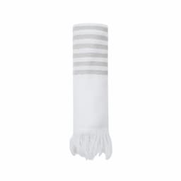 A rolled towel in white with grey stripes and tassel detailing, suitable for leisure and outdoor use.