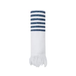 A rolled towel with a white body and blue stripes, featuring fringed edges and a logo.
