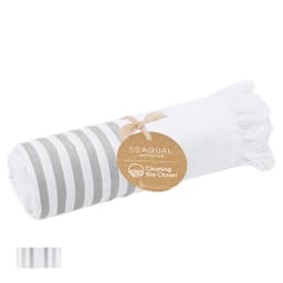 A rolled towel featuring white and grey stripes, secured with a tag. The towel has a fringed edge.