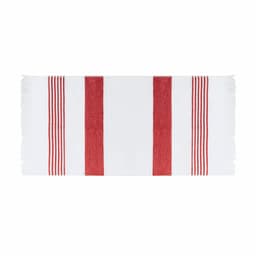 A white towel with red stripes, featuring fringed edges and a simple, classic design. It has a logo.