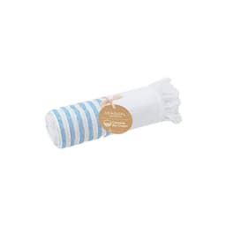 A rolled towel featuring white fabric with blue stripes, tagged for the Sequal Initiative, highlighting ocean cleaning.