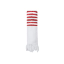 A white towel with red striped design and fringed edges, featuring a logo.