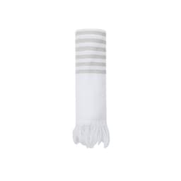A white towel with grey stripes and fringed edges, featuring a logo.