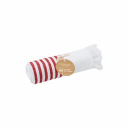 A rolled white towel with red stripes, featuring a tag from the SEAQUAL initiative.