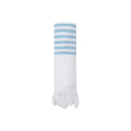 A white towel with light blue stripes and fringed ends. Features a branding logo.
