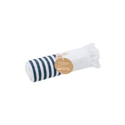 A rolled towel with navy blue stripes and a white section, featuring a tag related to ocean cleaning initiatives.