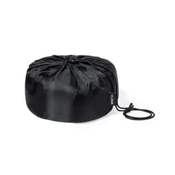 A round black satin blanket with a drawstring closure, featuring a small logo.