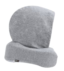A grey blanket-style beanie with a soft, stretchy texture and a small logo tag.