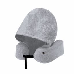 A grey travel neck pillow with a hood, designed for comfort and support. Features a branding logo.