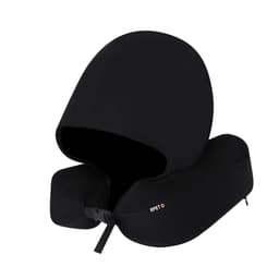 A black travel pillow with a hood, featuring a logo and a zip closure, designed for comfort.