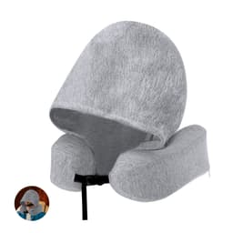 A grey travel neck pillow with a hood, featuring a soft, textured fabric and a drawstring closure.
