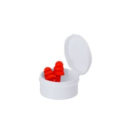 A white container with a lid, holding three red silicone earplugs.