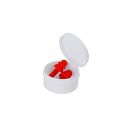 A white container with an open lid holds two red earplugs inside. The container has a simple design.