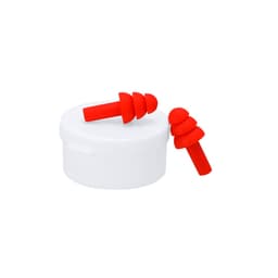 A pair of red silicone earplugs rests beside a white storage container. The earplugs have a contoured design.