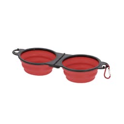 A foldable pet bowl in red and black, featuring two compartments linked with a clip for easy storage.