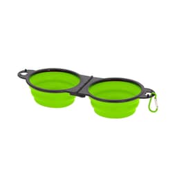 A foldable bowl in bright green colour with a black hinge and a carabiner for easy attachment.