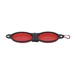 A foldable pet bowl with two compartments, featuring a black exterior and red interior. Includes a clip for easy attachment.