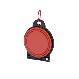 A foldable bowl in red and black with a carabiner, designed for pet accessories.