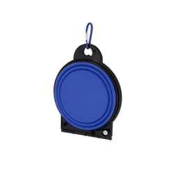 A foldable bowl in blue with a black clip for easy attachment. It features a sleek, compact design for pets.