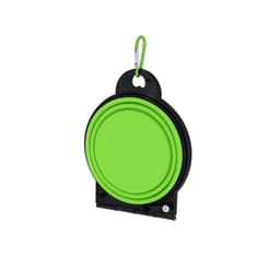 A foldable pet bowl in green and black with a carabiner for easy attachment, featuring a branding logo.