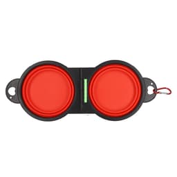 A foldable pet bowl in black and red, featuring two compartments and a clip for easy attachment.