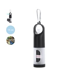 A black and grey waste bag dispenser with a carabiner clip, featuring an internal compartment and a logo.