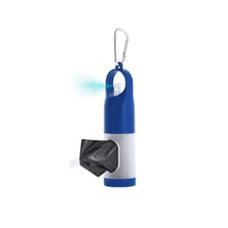 A waste bag dispenser in blue and white, featuring a carabiner for easy attachment and a black waste bag compartment.