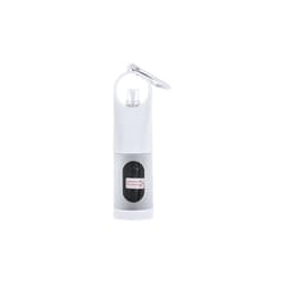A white waste bag dispenser with a keyring attachment and a button for easy access to bags.