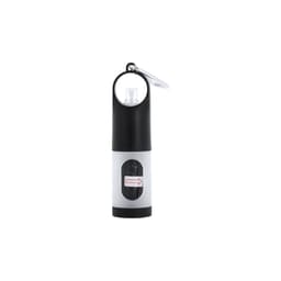 A black and white waste bag dispenser with a keychain attachment and a button for dispensing bags.