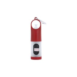 A red and white waste bag dispenser with a keyring attachment, featuring a button for dispensing bags.