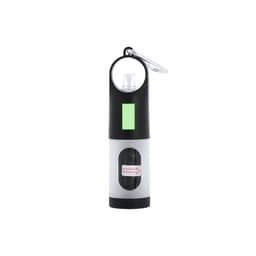 A black and grey waste bag dispenser with a carabiner clip and a logo. It has a cavity for storing waste bags.