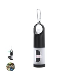 A black and white Kesler Bag with a carabiner clip, designed for pet accessories, featuring a transparent compartment.