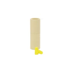 A cylindrical beige container with two yellow earplugs resting beside it. The container has a logo.