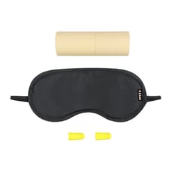 A black sleep mask with yellow earplugs and a cardboard tube. The image includes a logo on the mask.