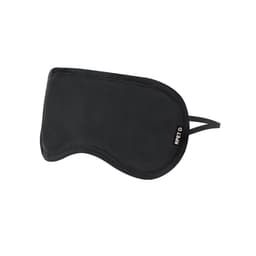 A sleep mask in black with an adjustable strap and a logo on the side.