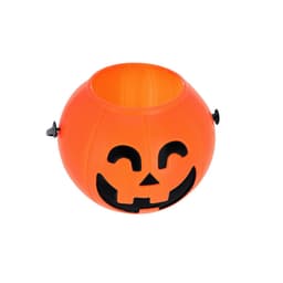 An orange pumpkin-shaped container with a smiling jack-o'-lantern face and black details.