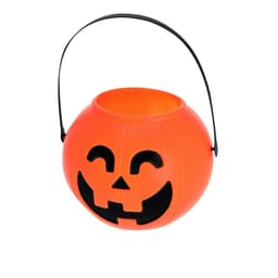 An orange Halloween bucket with a smiling jack-o'-lantern face and a black handle.