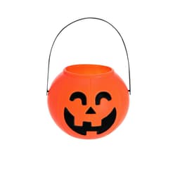 An orange pumpkin-shaped treat bucket with a smiling face and a black handle.