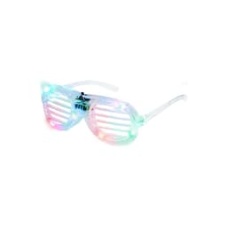 A pair of light-up novelty sunglasses with coloured lenses and a clear frame. Features a logo on the side.
