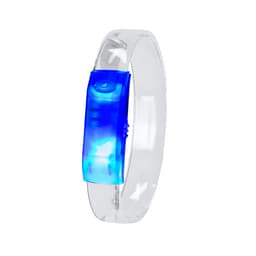 A clear bracelet with a blue illuminated section, featuring a button for activation. It has a modern, novelty design.