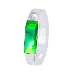 A clear wristband with a green, light-up centre piece and a button for activation. It has a modern, novelty design.