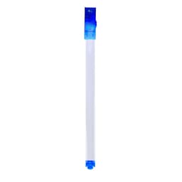 A drink bottle with a clear body and a blue cap. Features a logo on the cap.